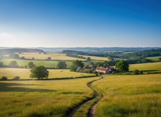 Fototapeta premium Serene Countryside Landscape with Rolling Hills and Clear Sky