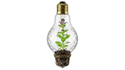 Light bulb with plant inside isolated PNG, creative concept for green energy and sustainable living on transparent background