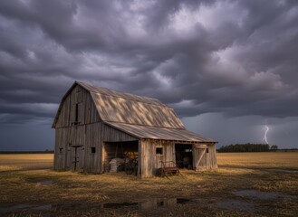 Dramatic Lightning Over Abandoned Barn in Rural Landscape