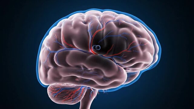 Medical animation video showing a human brain anatomy with vessels and neural networks, highlighting neural activity with pulsating areas of blood flow on a dark