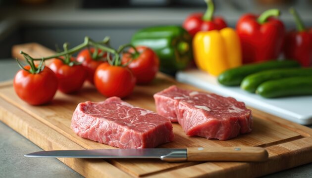 Raw steak cuts rest on wooden board near fresh tomatoes bell peppers cucumbers. Preparing healthy dinner meal ingredients, practicing food safety in kitchen. Fresh ingredients ready for cooking.