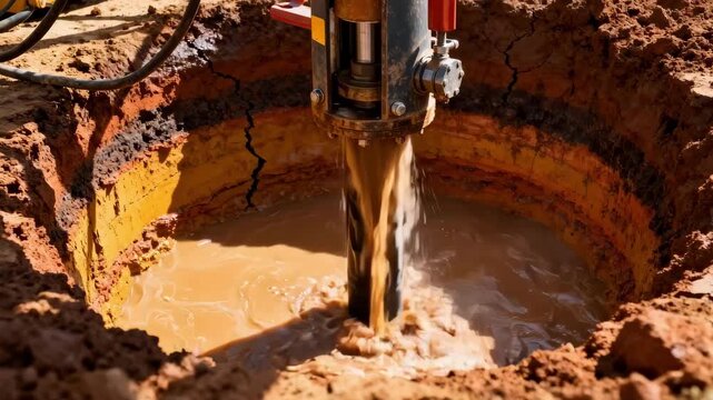Medium shot capturing drilling equipment penetrating dense clay soil layers with geothermal fluid flowing up the wellpipe during extraction.