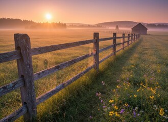Obraz premium Serene Sunrise Over Foggy Meadow with Rustic Wooden Fence