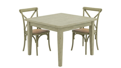 Square wooden dining table with two chairs isolated PNG, light brown furniture set for kitchen or dining room on transparent background