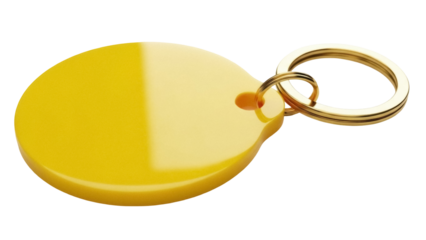 Yellow round keychain PNG isolated on transparent background, blank plastic key tag with golden ring for branding and identification