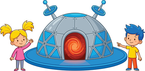 Cartoon children with portal, dome building, swirling vortex, sci-fi theme, blue panels, antenna structure, adventure scene -flat vector illustration © Creative Mind