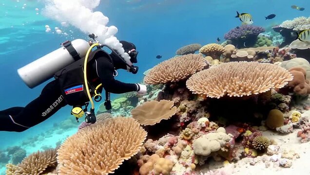 Scuba Diver Explores Colorful Coral Reefs Underwater in Ocean.