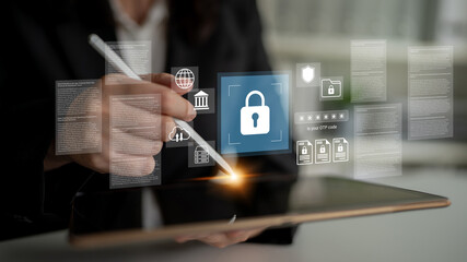 A professional businessman uses a tablet to sign documents, showcasing digital security features with a padlock icon and data protection visuals in a modern workspace. Gantry