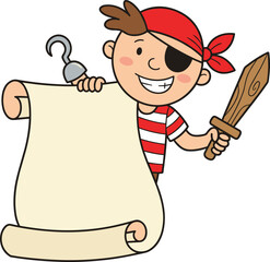 Cartoon pirate character, red bandana, striped shirt, eye patch, hook hand, wooden sword, blank scroll -flat vector illustration