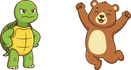 Cartoon turtle and bear, intense and joyful expressions, upright poses, green shell, brown fur, character contrast -flat vector illustration