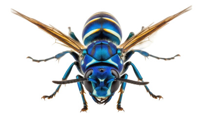 Metallic blue and yellow cuckoo wasp PNG isolated on transparent background, vibrant insect with iridescent colors and detailed wings