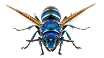 Metallic blue and yellow cuckoo wasp PNG isolated on transparent background, vibrant insect with iridescent colors and detailed wings