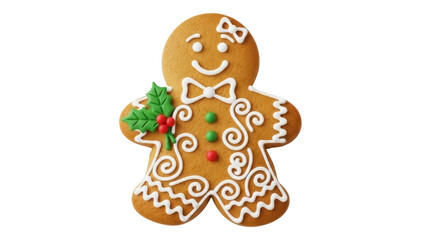 Festive gingerbread man cookie PNG isolated on transparent background, decorated Christmas treat for holiday baking and seasonal designs
