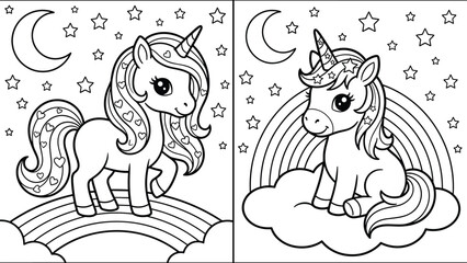 Unicorn on rainbow, cloud scene, stars, hearts, moon, coloring page, fantasy theme, magical creatures, whimsical layout -flat vector illustration