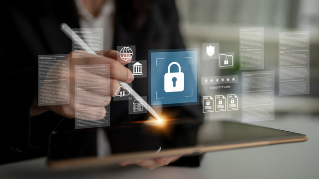 A professional businessman uses a tablet to sign documents, showcasing digital security features with a padlock icon and data protection visuals in a modern workspace. Gantry