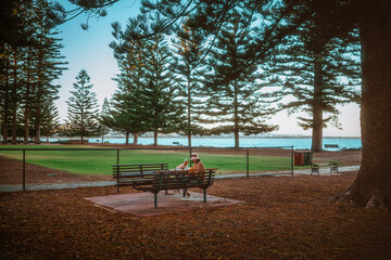 A peaceful and tranquil park scene that features benches and a beautiful waterfront