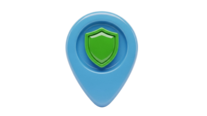 Blue map pointer with green shield isolated PNG, location pin for security and protection on transparent background