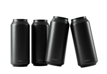 four sleek 16oz matte black aluminum cans displaying brushed texture, three standing and one tilted 45 degrees on a white studio backdrop. concept for sophisticated beverage branding