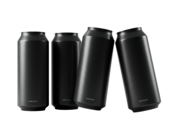 four sleek 16oz matte black aluminum cans displaying brushed texture, three standing and one tilted 45 degrees on a white studio backdrop. concept for sophisticated beverage branding