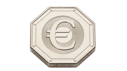 Shiny euro coin PNG isolated on transparent background, currency symbol for finance and economy related design projects, money