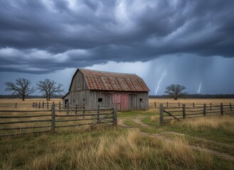 Fototapeta premium Dramatic Stormy Sky Over Rustic Barn in Open Field Landscape