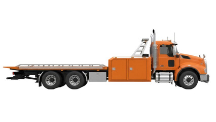 Orange tow truck PNG isolated on transparent background, flatbed wrecker vehicle for roadside assistance and transportation services