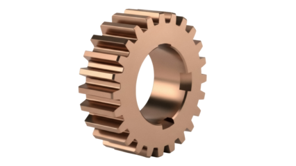 Bronze gear wheel PNG isolated on transparent background, cogwheel machinery component for engineering and mechanical design projects