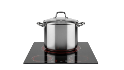 Stainless steel cooking pot with glass lid on induction hob isolated PNG, modern kitchen appliance for cooking and food preparation