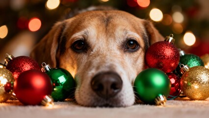 dog face laying amongst christmas bulbs