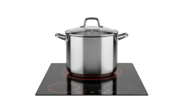Stainless steel cooking pot with glass lid on induction hob isolated PNG, modern kitchen appliance for cooking and food preparation