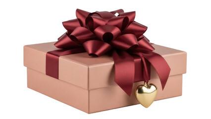 Elegant peach gift box with burgundy bow and gold heart isolated PNG, present for special occasions and romantic celebrations