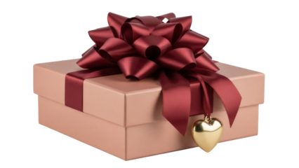 Elegant peach gift box with burgundy bow and gold heart isolated PNG, present for special occasions and romantic celebrations