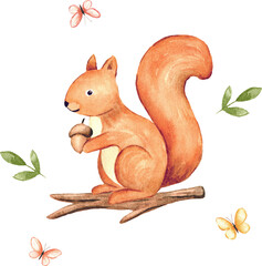 Cute Forest Squirrel Watercolor Nursery Art