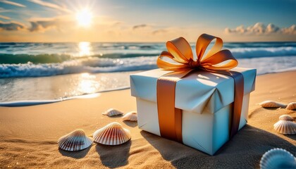 a beautifully wrapped gift box with a vibrant ribbon sits on the golden sand of a serene beach surrounded by gentle waves and seashells