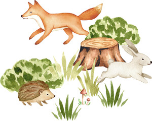 Woodland Forest Animals Watercolor Nursery Scene
