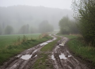 Misty Trail Through a Muddy Path in a Calm Foggy Landscape