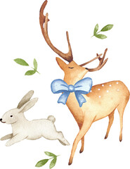 Cute Deer and Rabbit Watercolor Nursery Illustration