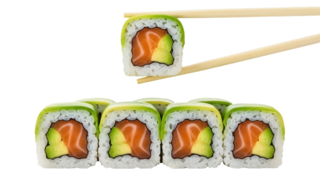 Delicious sushi roll with salmon and avocado isolated PNG, traditional Japanese cuisine with fresh ingredients on transparent background - Powered by Adobe