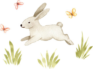 Watercolor Forest Rabbit Nursery Animal Illustration