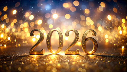 Golden 2026 numerals on glittering ground with festive bokeh lights and celebratory glow, hopeful atmosphere and sparkling texture