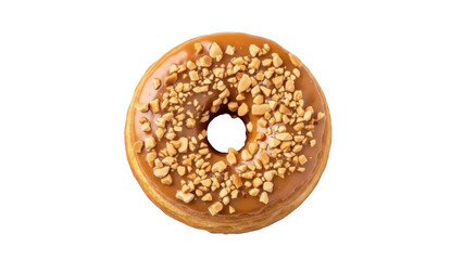 Delicious caramel donut with nuts isolated PNG, sweet treat for dessert or snack on transparent background