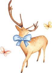 Watercolor Deer Illustration with Blue Bow