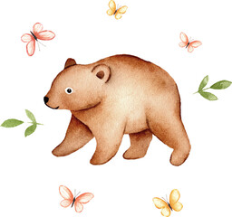 Cute Woodland Bear Watercolor Nursery Illustration
