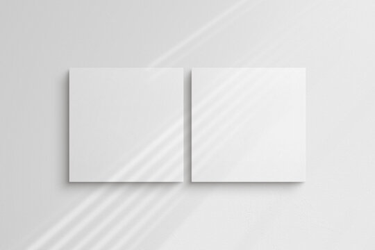 Canvas mockup 1:1 square. Set of two square canvases. Clean, modern, minimalist, bright gallery wall mockup, set of 2 canvases on a white wall. Shadow overlay.
