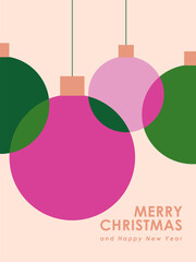 modern christmas card with hanging christmas balls in green and pink, isolated vector illustration, simple abstract design, template for greeting cards, poster, invitation, prints