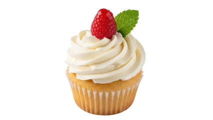 Delicious cupcake with raspberry and mint PNG isolated on transparent background, sweet dessert for party and celebration