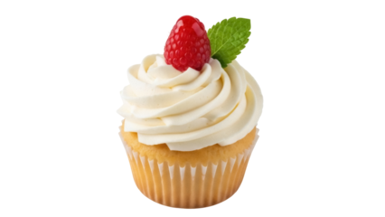Delicious cupcake with raspberry and mint PNG isolated on transparent background, sweet dessert for party and celebration