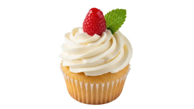 Delicious cupcake with raspberry and mint PNG isolated on transparent background, sweet dessert for party and celebration