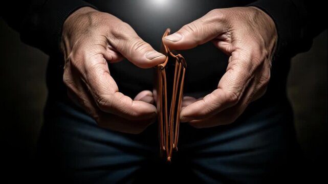 Hands tearing a brown leather wallet with money inside