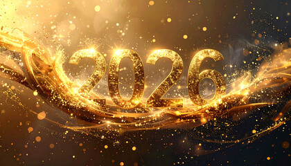 Golden new year 2026 celebration with sparkling gold particles and festive light effects evoking excitement and hope